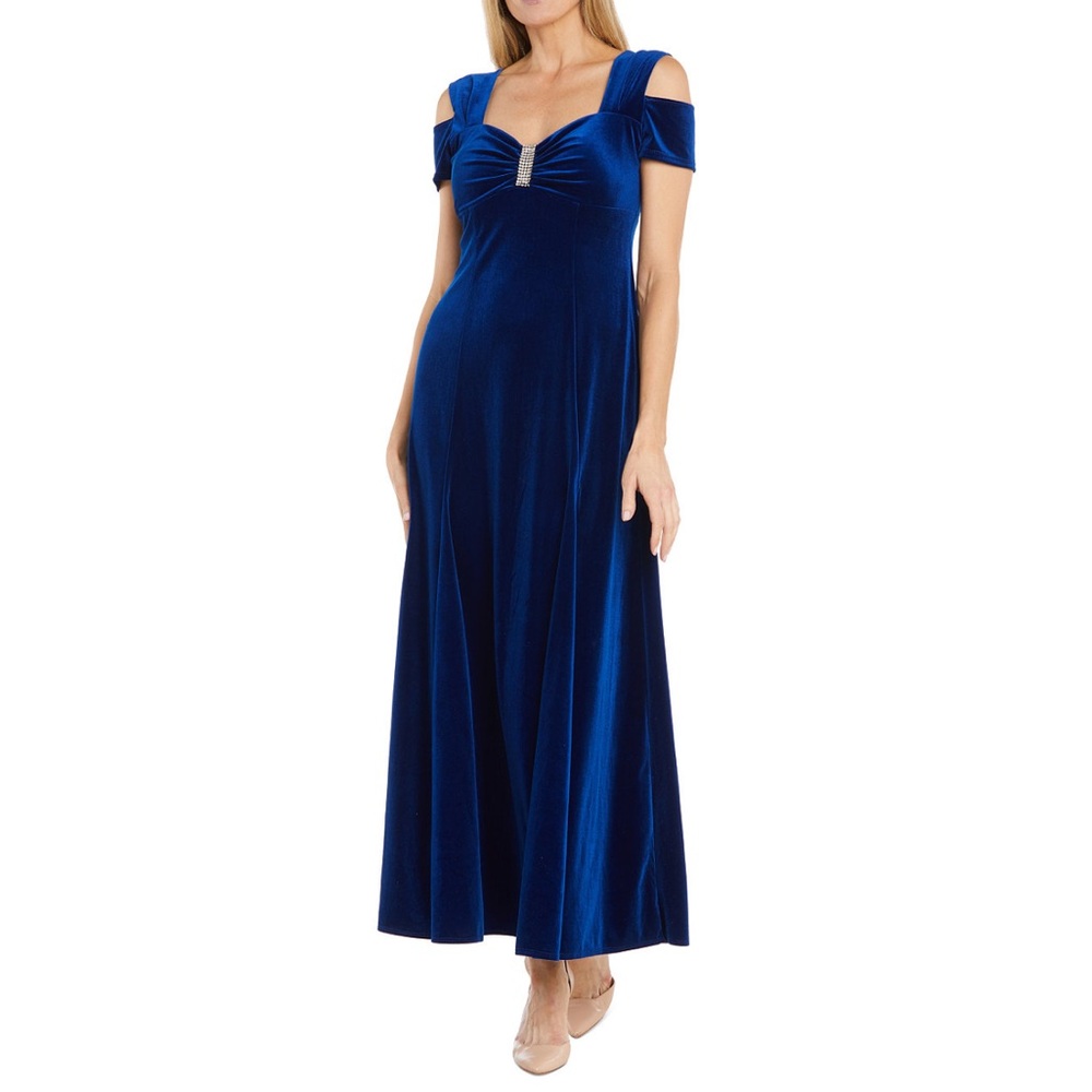 R & M RICHARDS Royal Blue Cold-Shoulder Embellished Velvet Gown